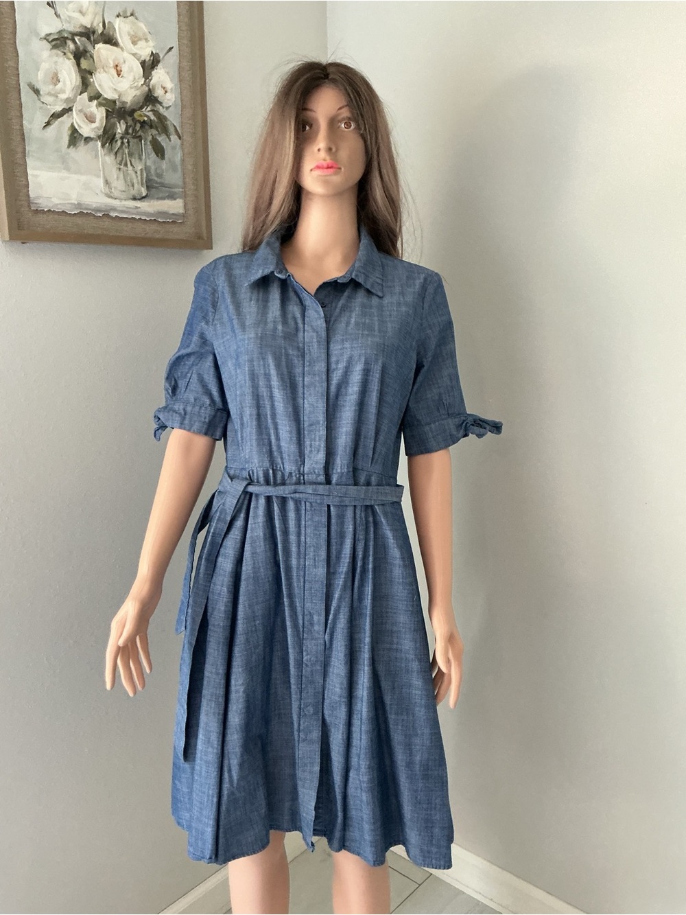 Calvin Klein Denim-Look Midi Shirt Dress in Blue with Tie Waist
